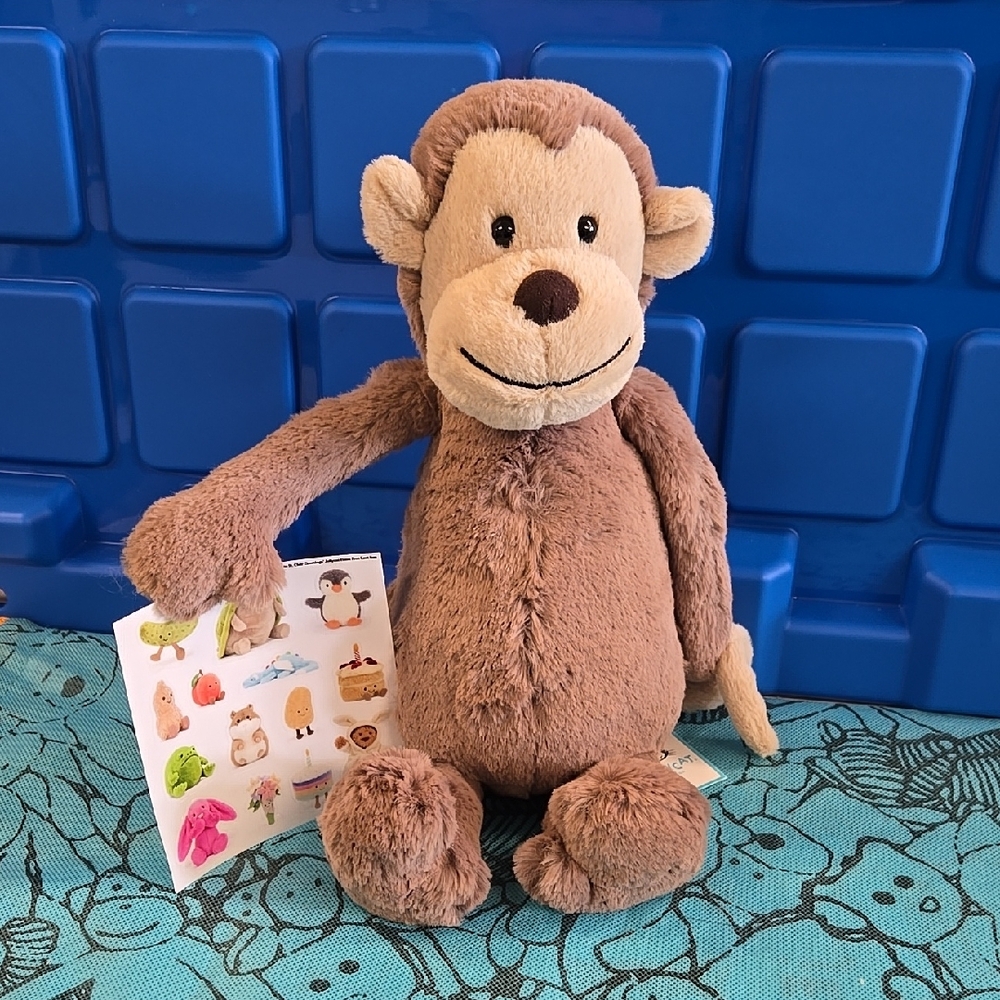 NWT Jellycat Brown and Cream Original Bashful Monkey With Blue Dust Bag